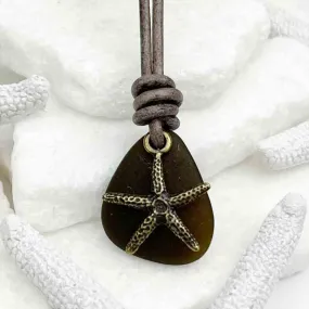 Deep Amber Sea Glass and a Bronze Starfish Charm on Genuine Leather Necklace | #5112