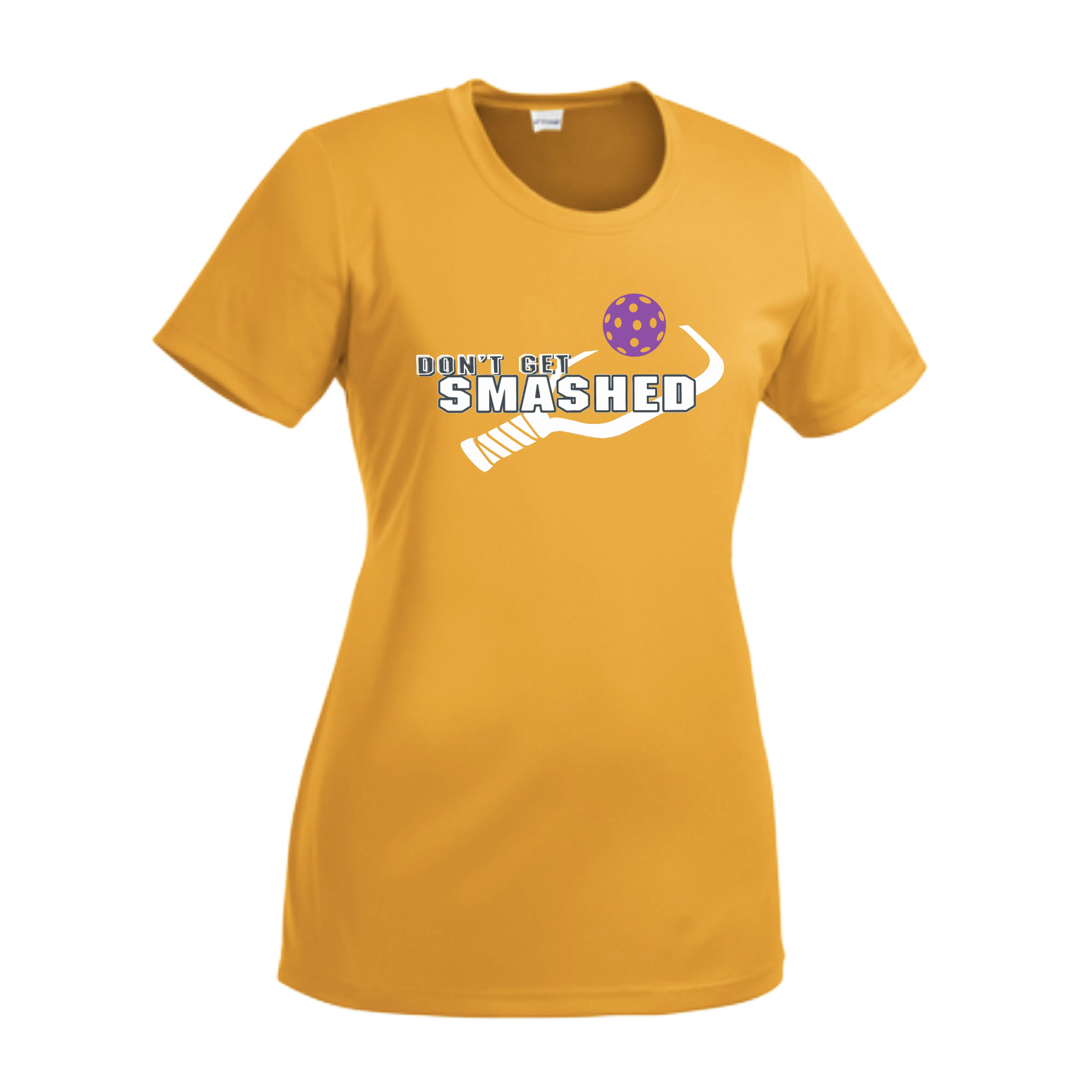 Don't Get Smashed With Pickleballs (Purple White Yellow) Customizable | Women’s Short Sleeve Crewneck Athletic Shirts | 100% Polyester