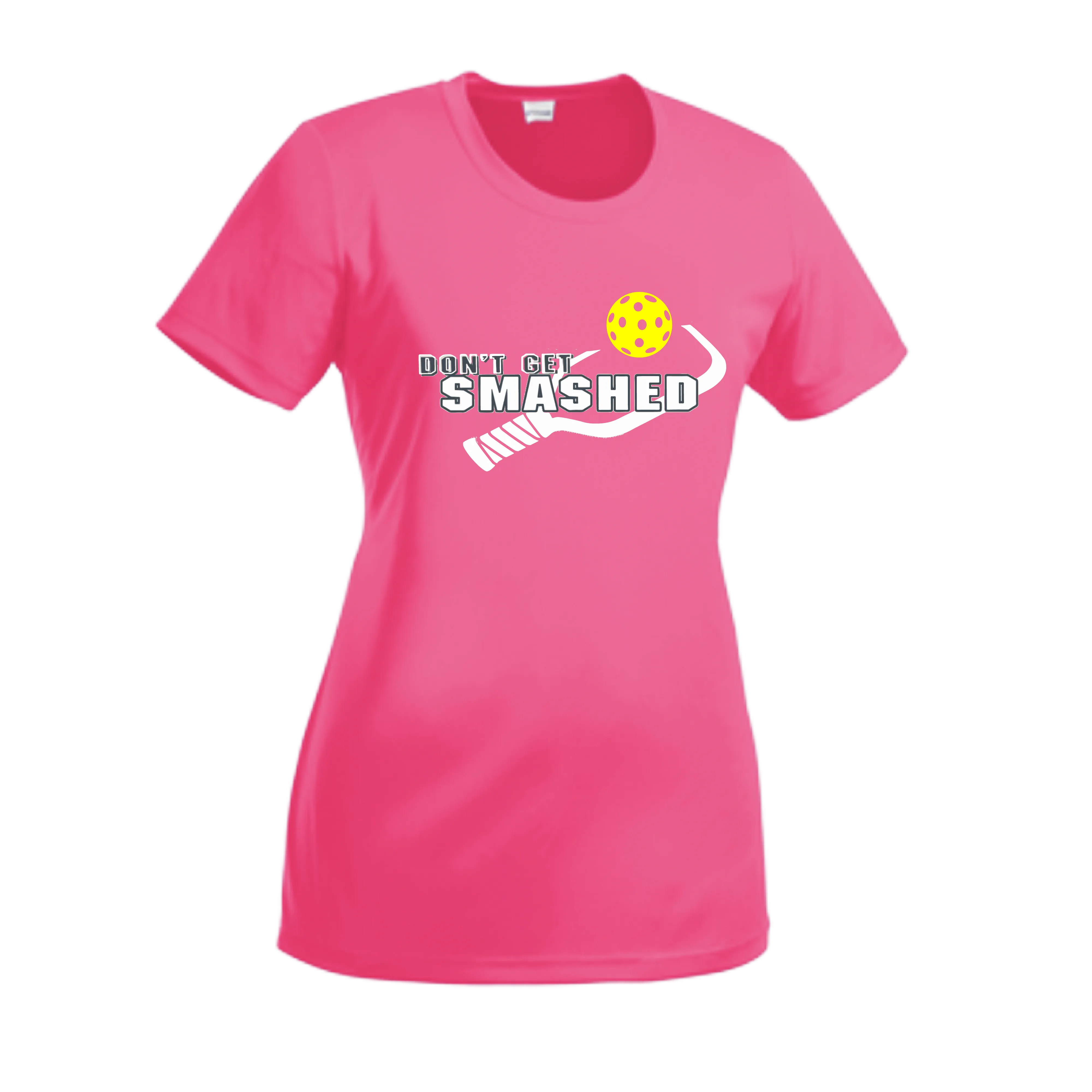 Don't Get Smashed With Pickleballs (Purple White Yellow) Customizable | Women’s Short Sleeve Crewneck Athletic Shirts | 100% Polyester