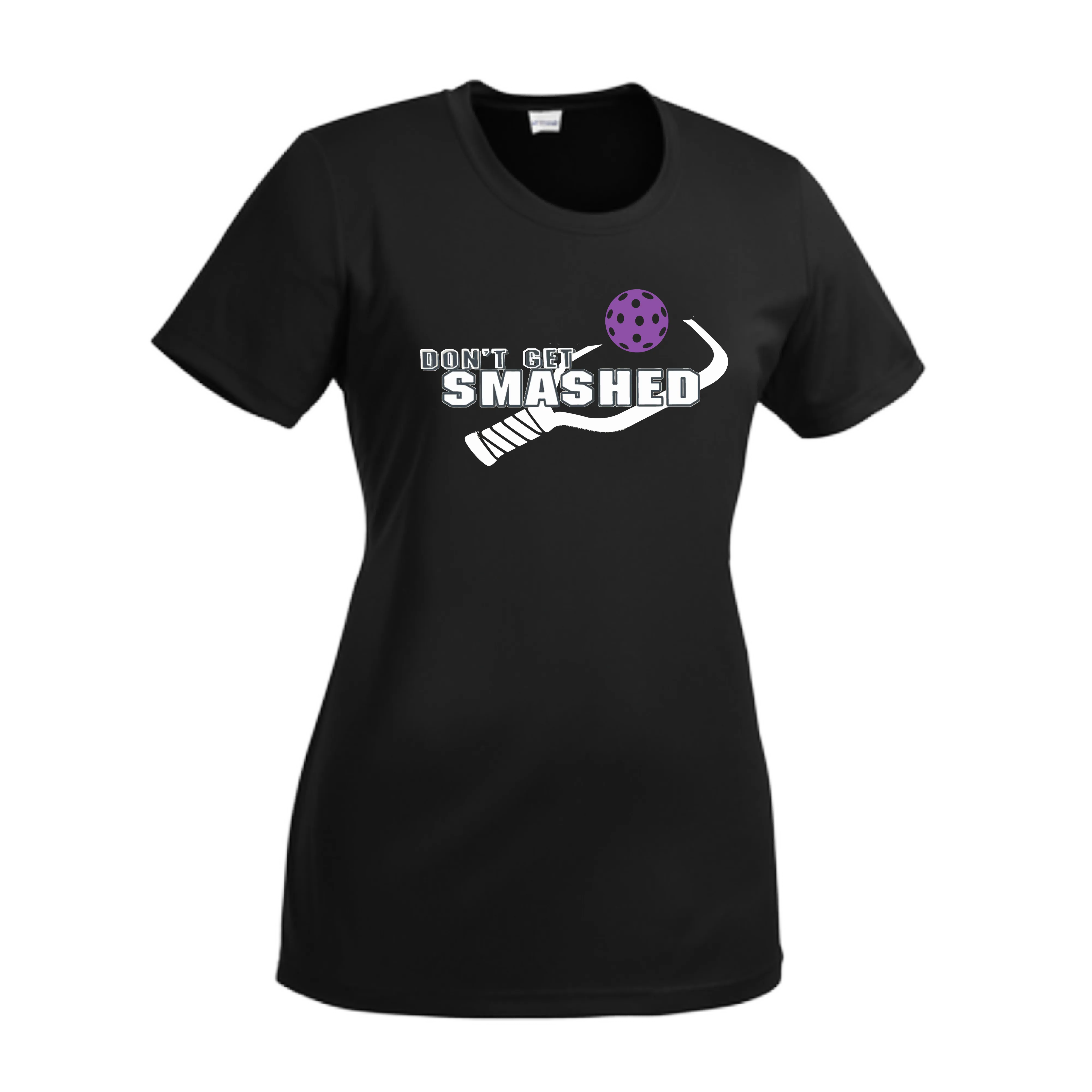 Don't Get Smashed With Pickleballs (Purple White Yellow) Customizable | Women’s Short Sleeve Crewneck Athletic Shirts | 100% Polyester