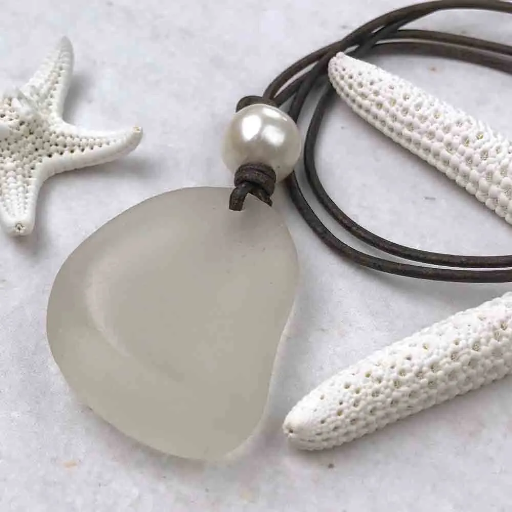 Epic Clear White Bottle Bottom Sea Glass Leather Necklace with Genuine Pearl | #1394