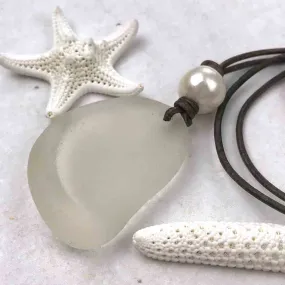 Epic Clear White Bottle Bottom Sea Glass Leather Necklace with Genuine Pearl | #1394