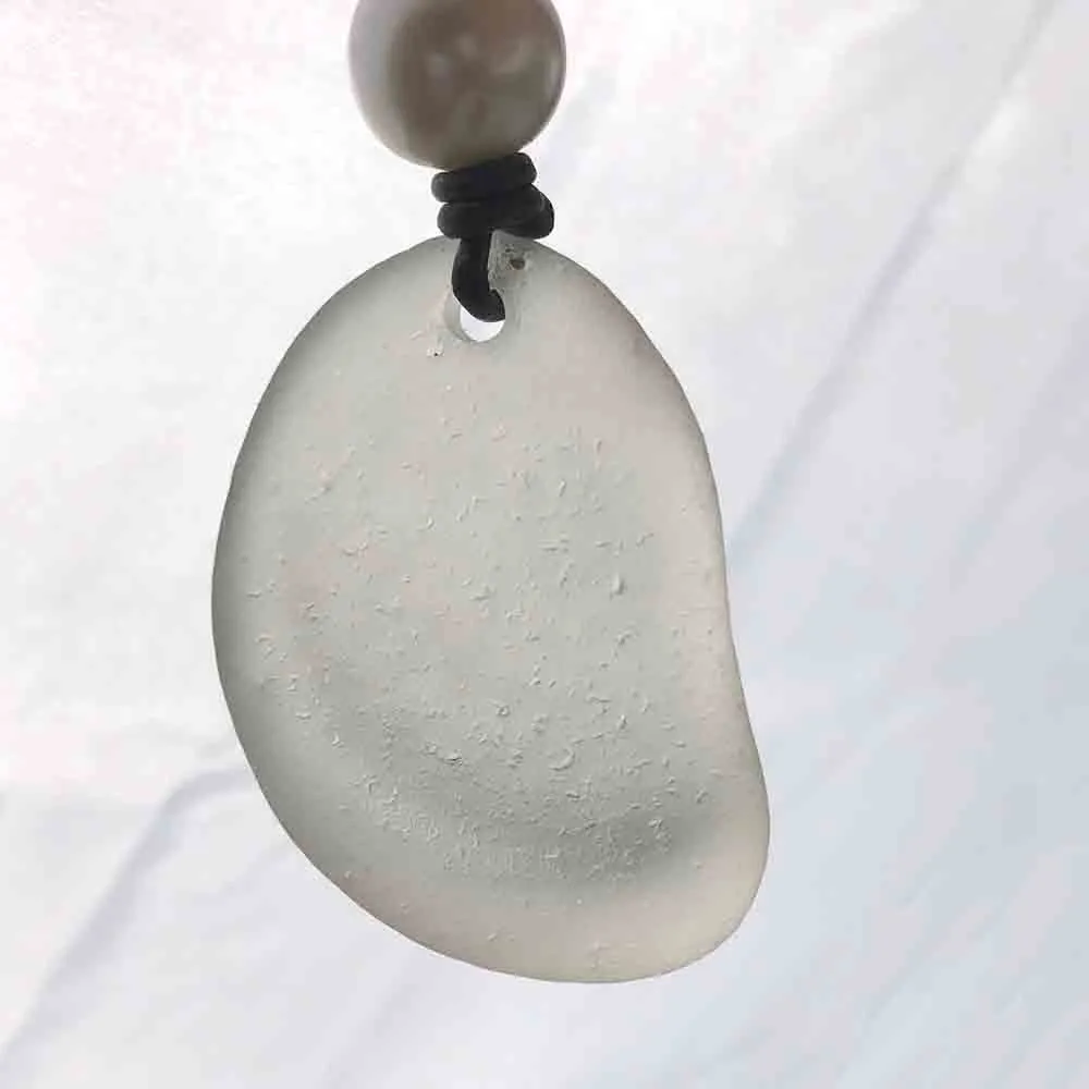 Epic Clear White Bottle Bottom Sea Glass Leather Necklace with Genuine Pearl | #1394