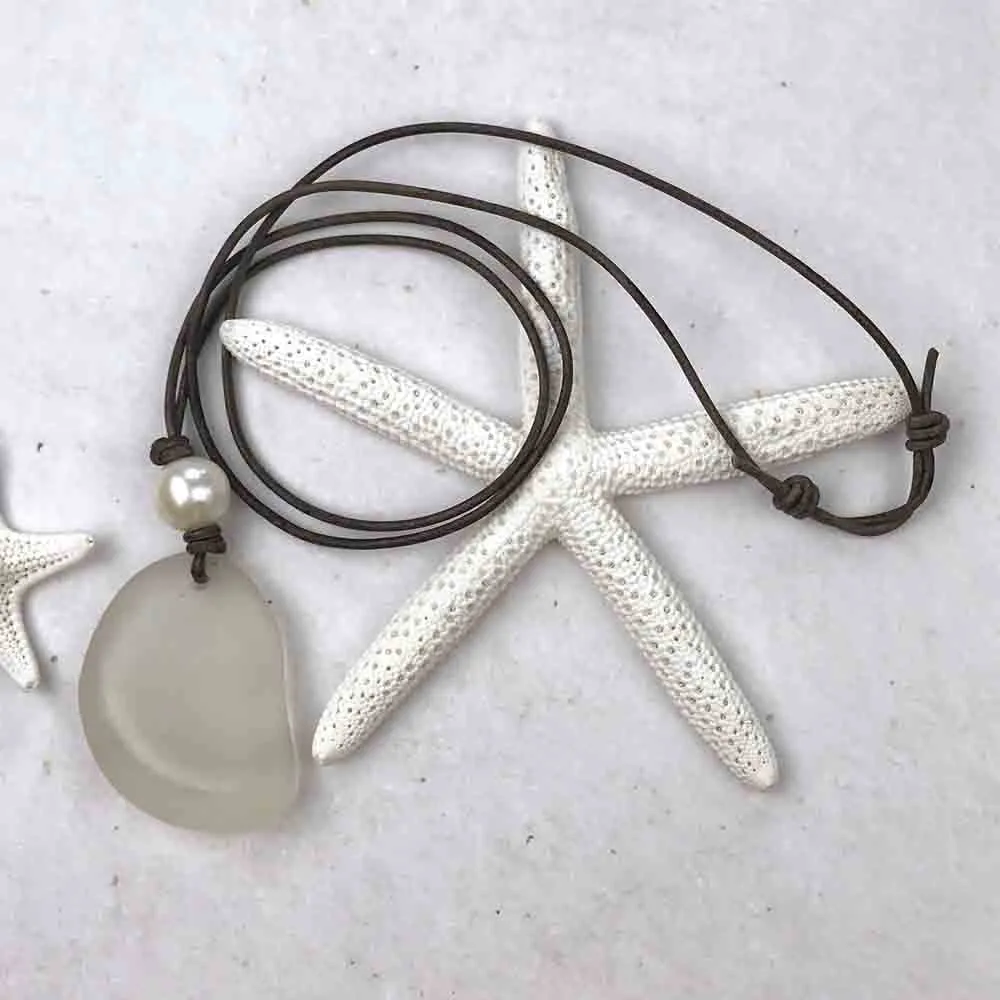 Epic Clear White Bottle Bottom Sea Glass Leather Necklace with Genuine Pearl | #1394