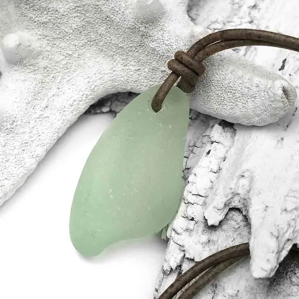 Extra Large Seafoam Bottle Bottom Sea Glass Leather Necklace | #1383