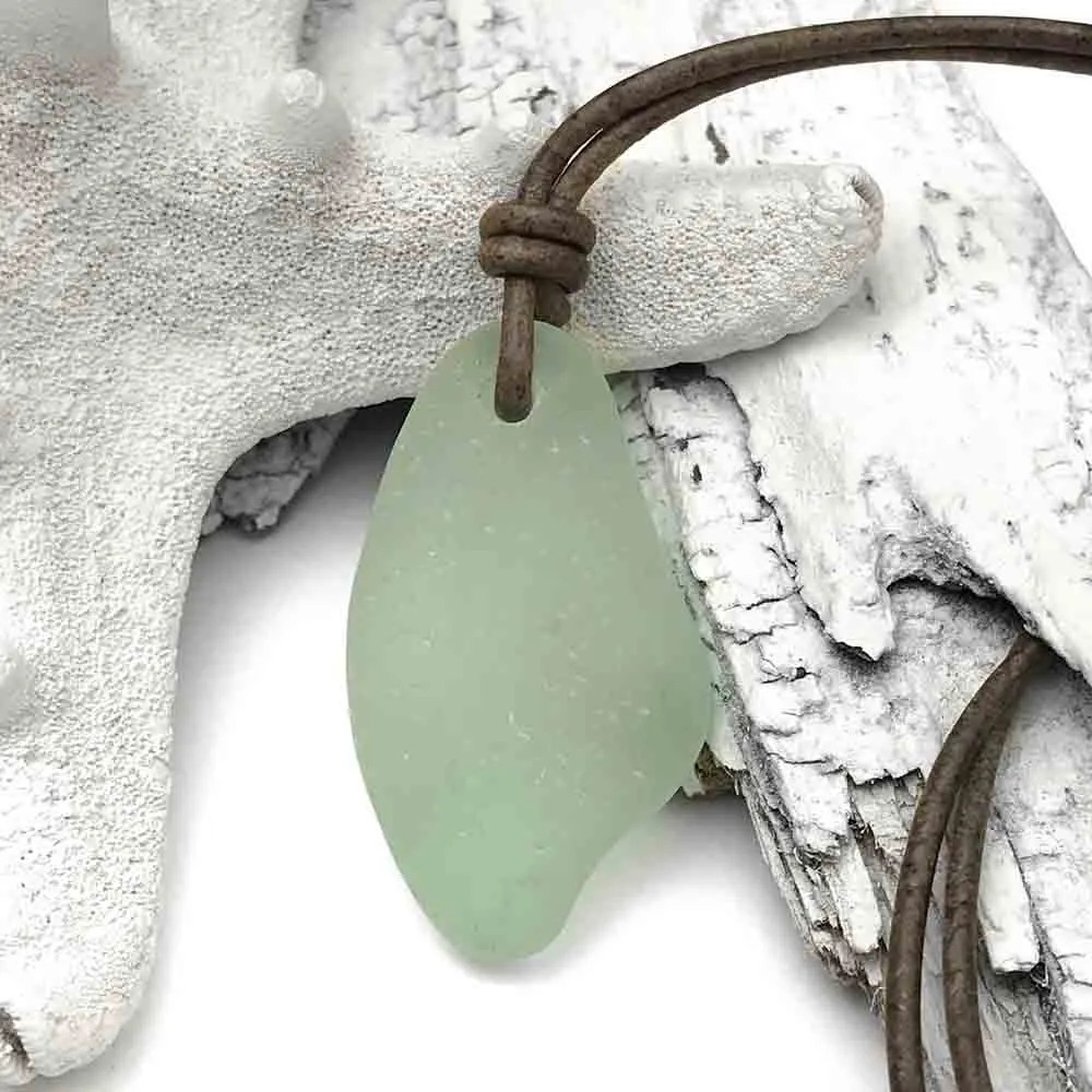 Extra Large Seafoam Bottle Bottom Sea Glass Leather Necklace | #1383