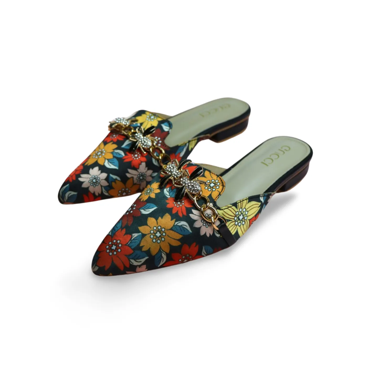 Floral Mules with Rhinestone Bee Embellishment -1013