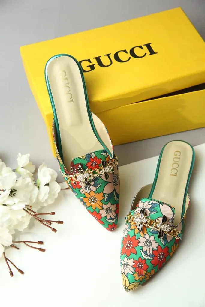 Floral Mules with Rhinestone Bee Embellishment -1013