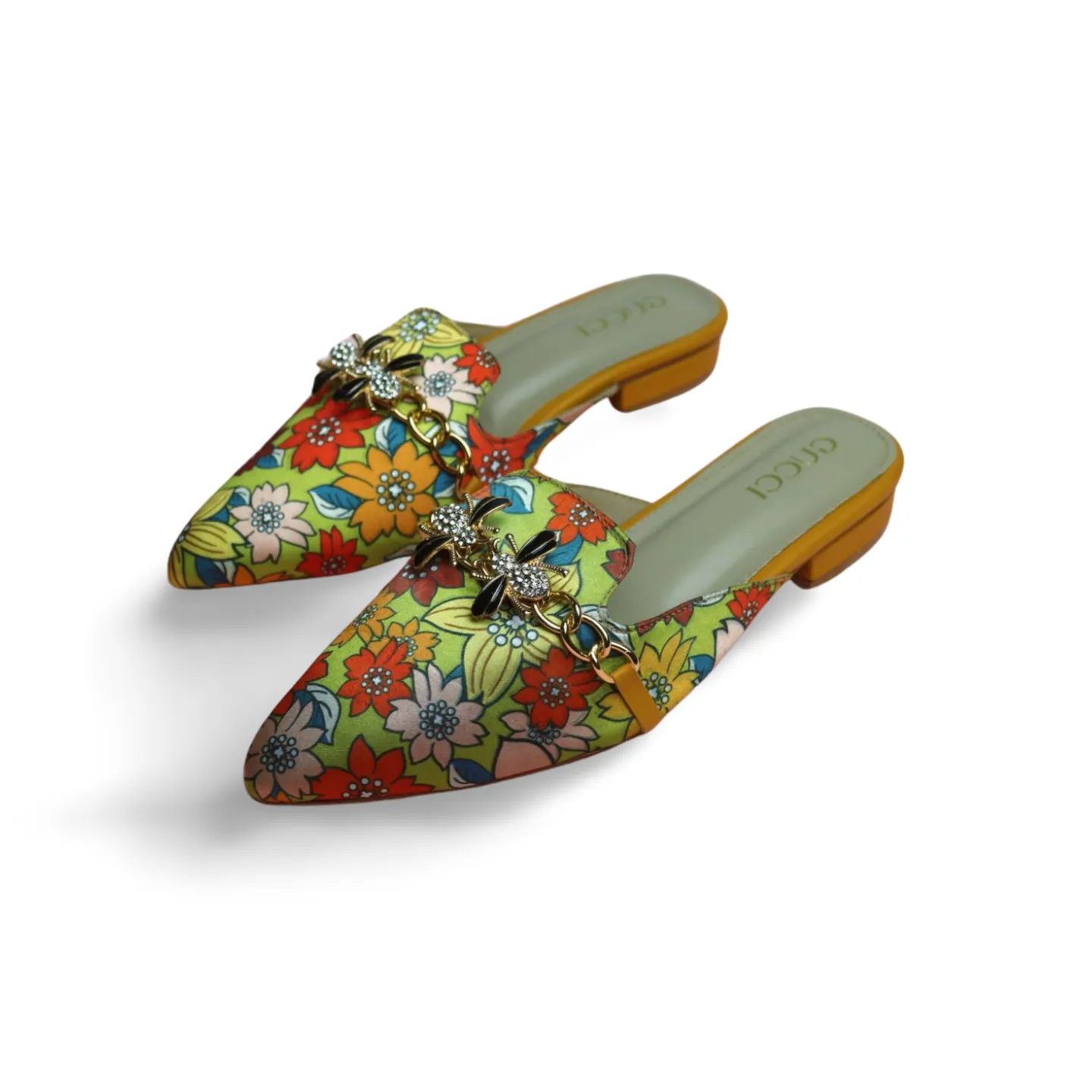 Floral Mules with Rhinestone Bee Embellishment -1013