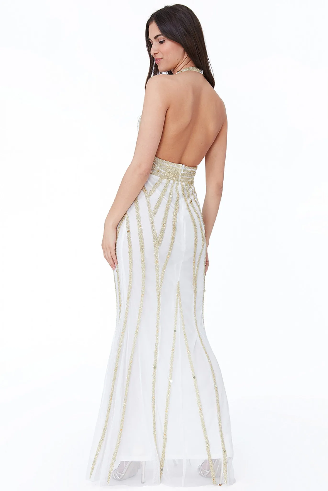 Goddiva Halter Neck Hand Embellished Maxi Dress