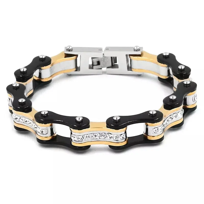 Gold & Black Bling Motorcycle Bracelet,Stainless Steel