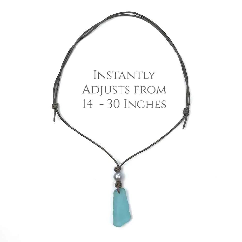 High-Tide Aqua Sea Glass Leather Necklace | #5020