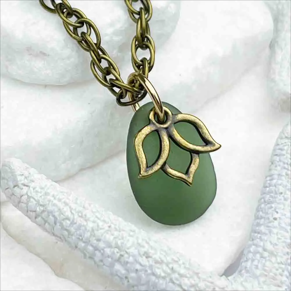 Light Champagne Green Sea Glass Pendant with Lotus Charm | #5128