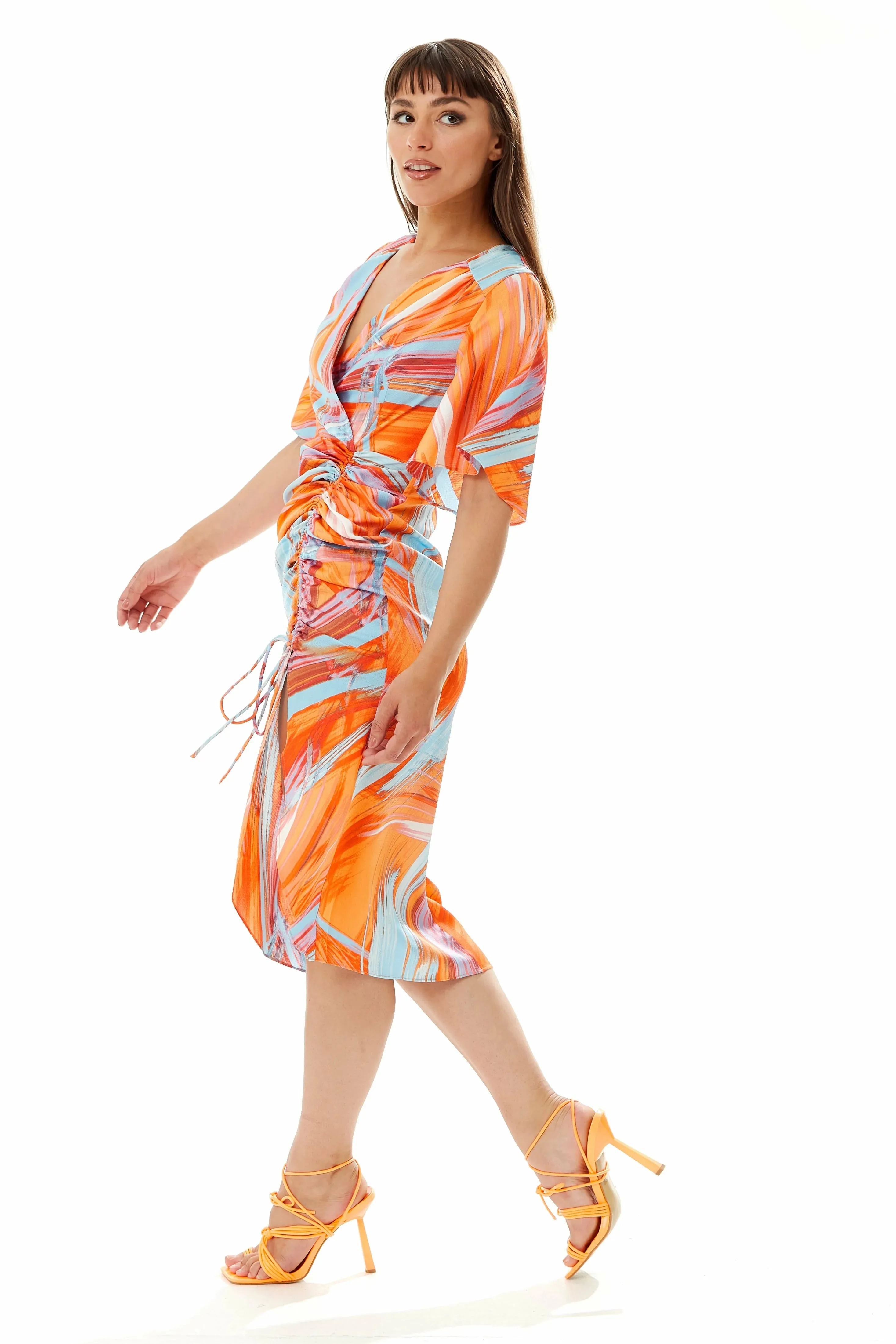 Liquorish Rouching Abstract Brush Stroke Print Midi Dress