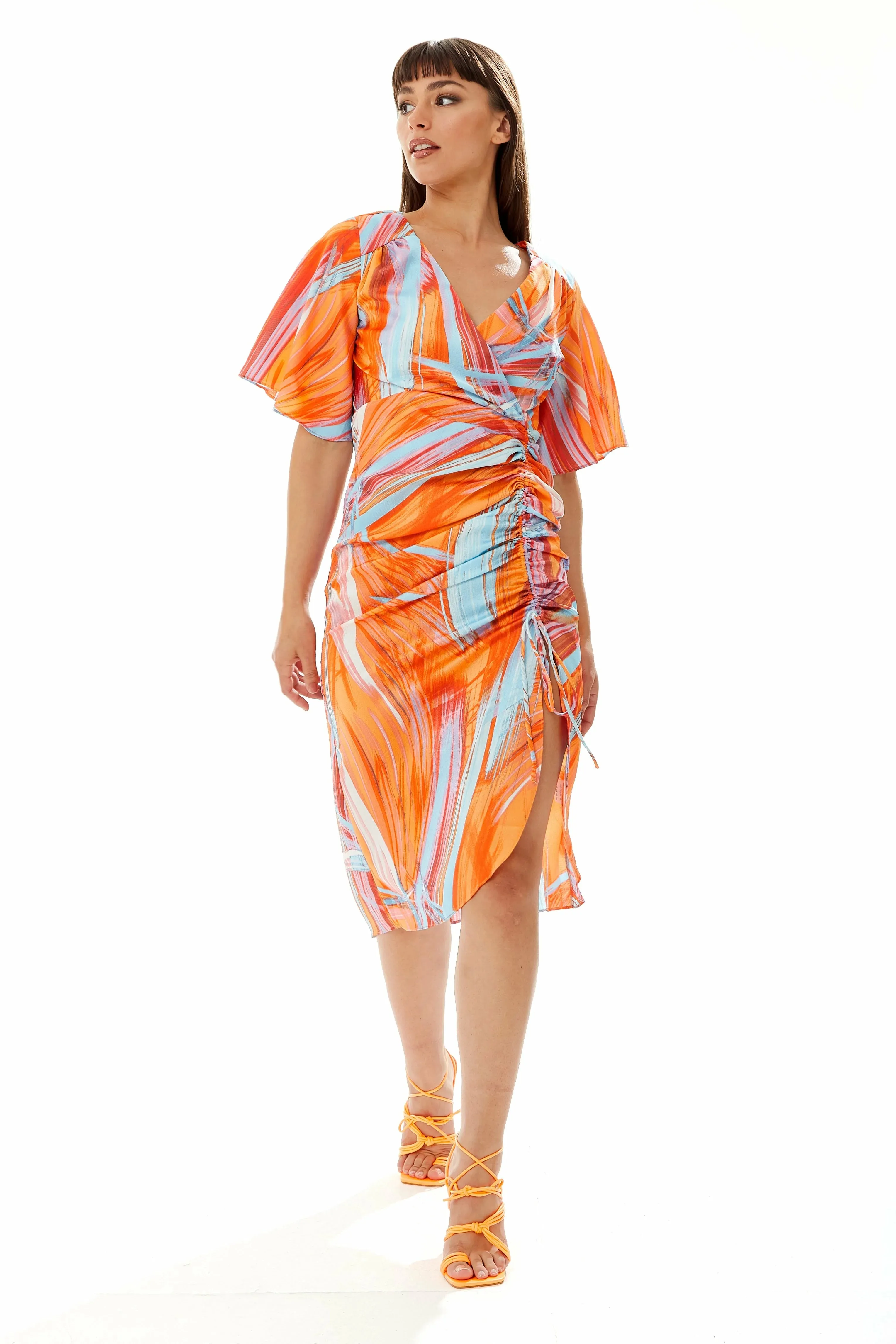 Liquorish Rouching Abstract Brush Stroke Print Midi Dress