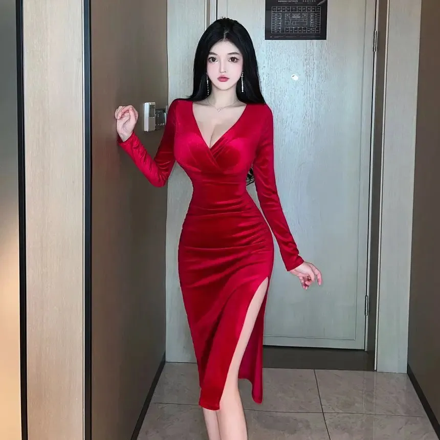 Long-Sleeve V-Neck Plain Midi Bodycon Dress PP4