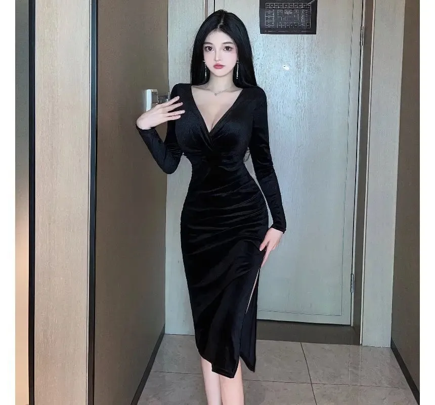 Long-Sleeve V-Neck Plain Midi Bodycon Dress PP4