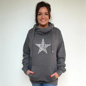 Luxury Cowl Neck Zebra Star Hoodie - Charcoal