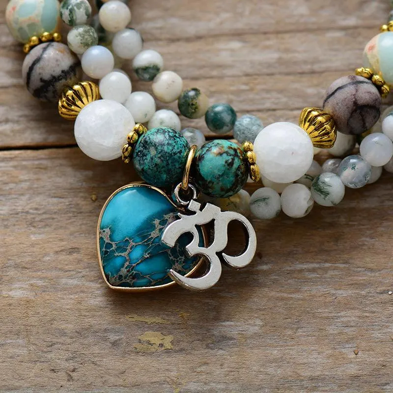 'Nyiwarri' Agate, Jasper Heart & OM Stretchy Bracelet