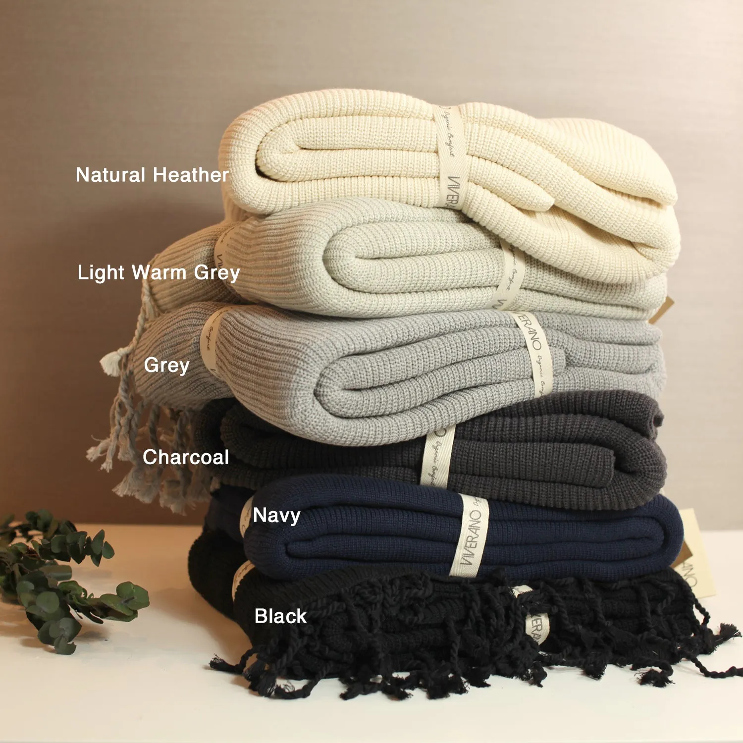 Pure Organic Cotton Rib Knit Throw Blanket 70x80 (3 Colors)