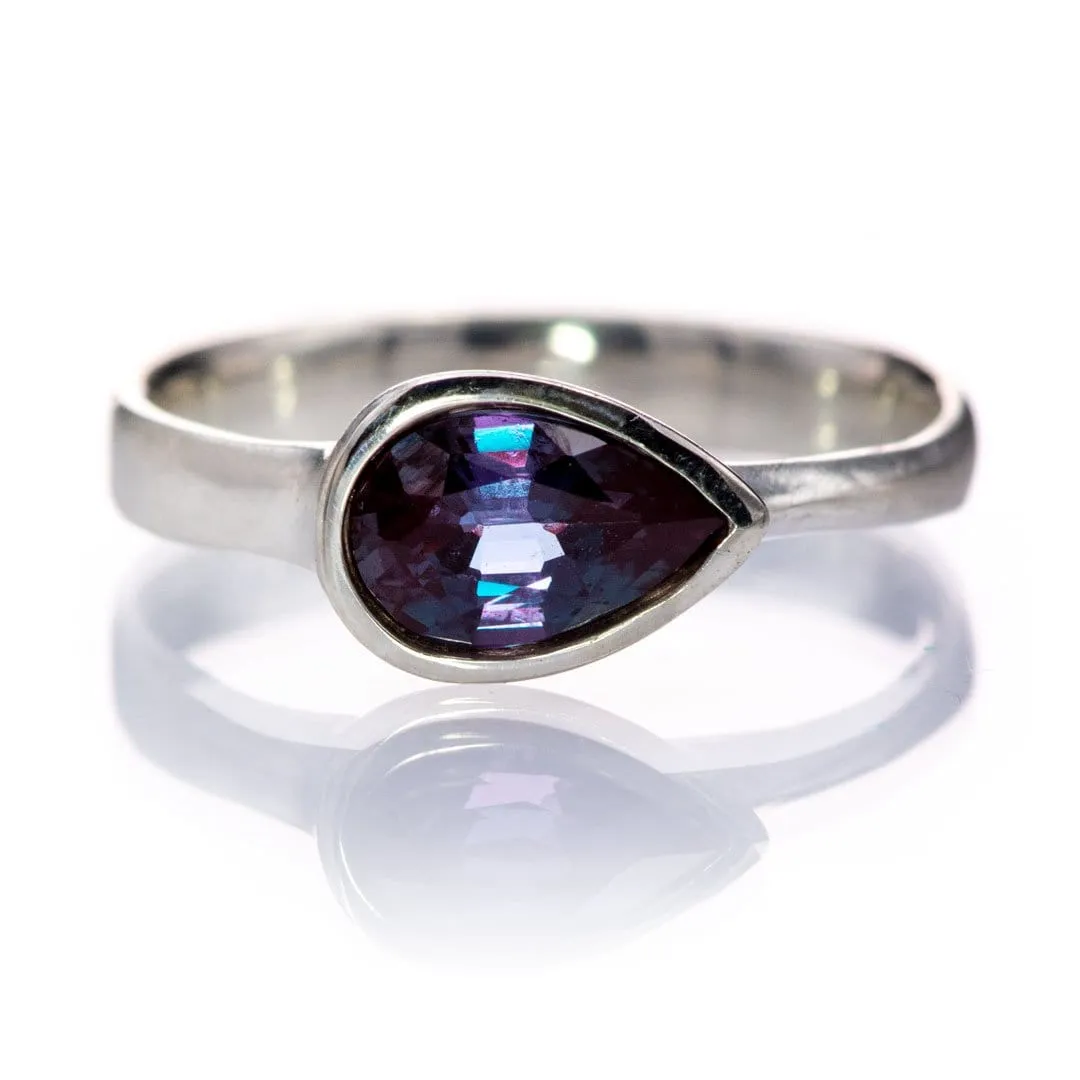 Sideways Pear Alexandrite Bezel Set Solitaire Engagement Ring