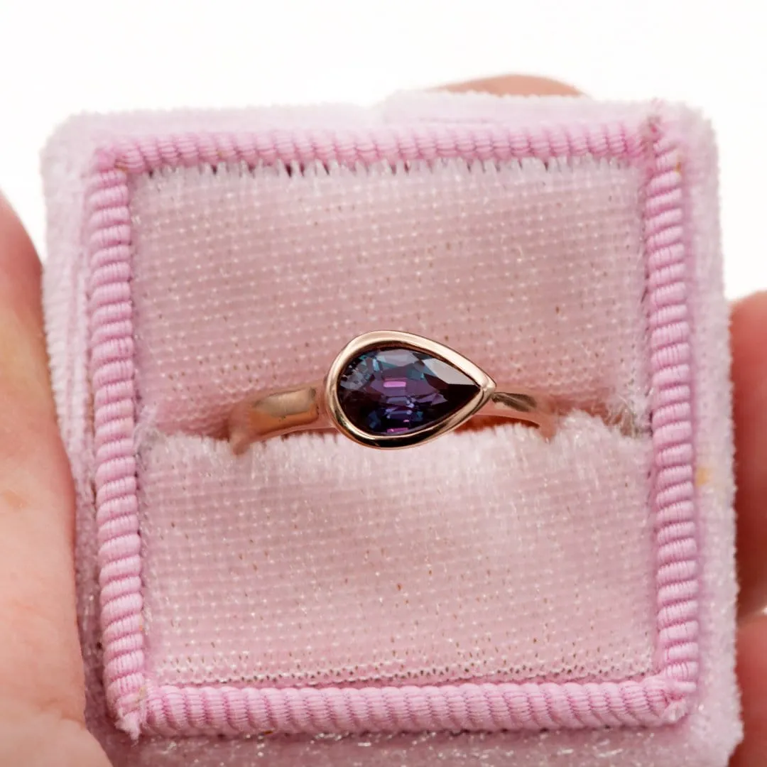 Sideways Pear Alexandrite Bezel Set Solitaire Engagement Ring