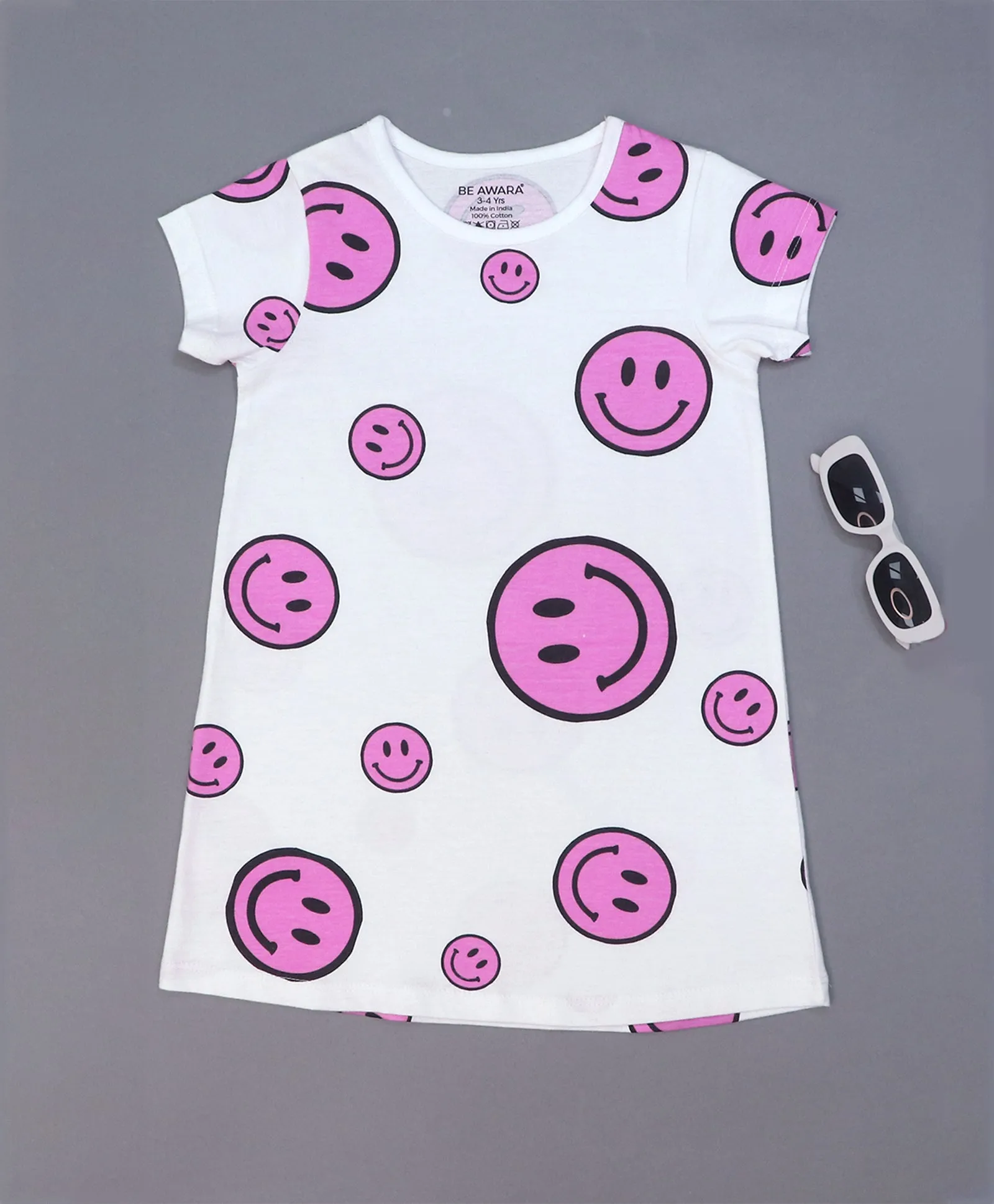 Smiley Print Girls T-Shirt Dress