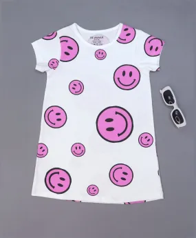 Smiley Print Girls T-Shirt Dress