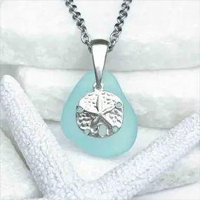 Sunlit Aqua Sea Glass Pendant with Sand Dollar Charm | 5215