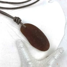 Tapered Dark Amber Sea Glass Leather Necklace  - it's a Bottle Bottom! | #1425