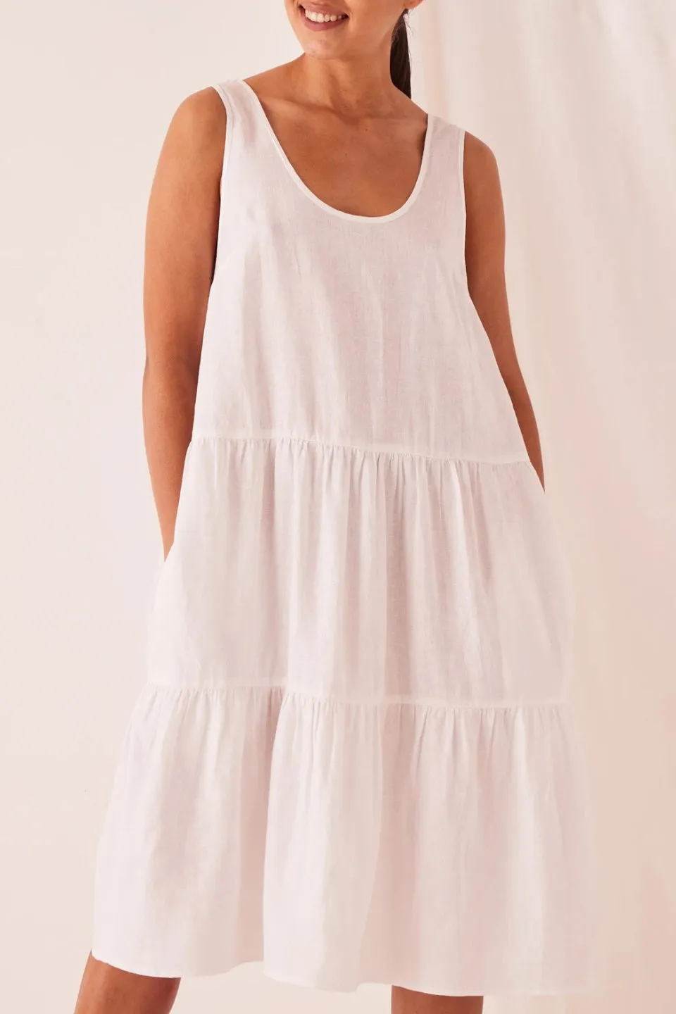 Tiered White Linen Dress