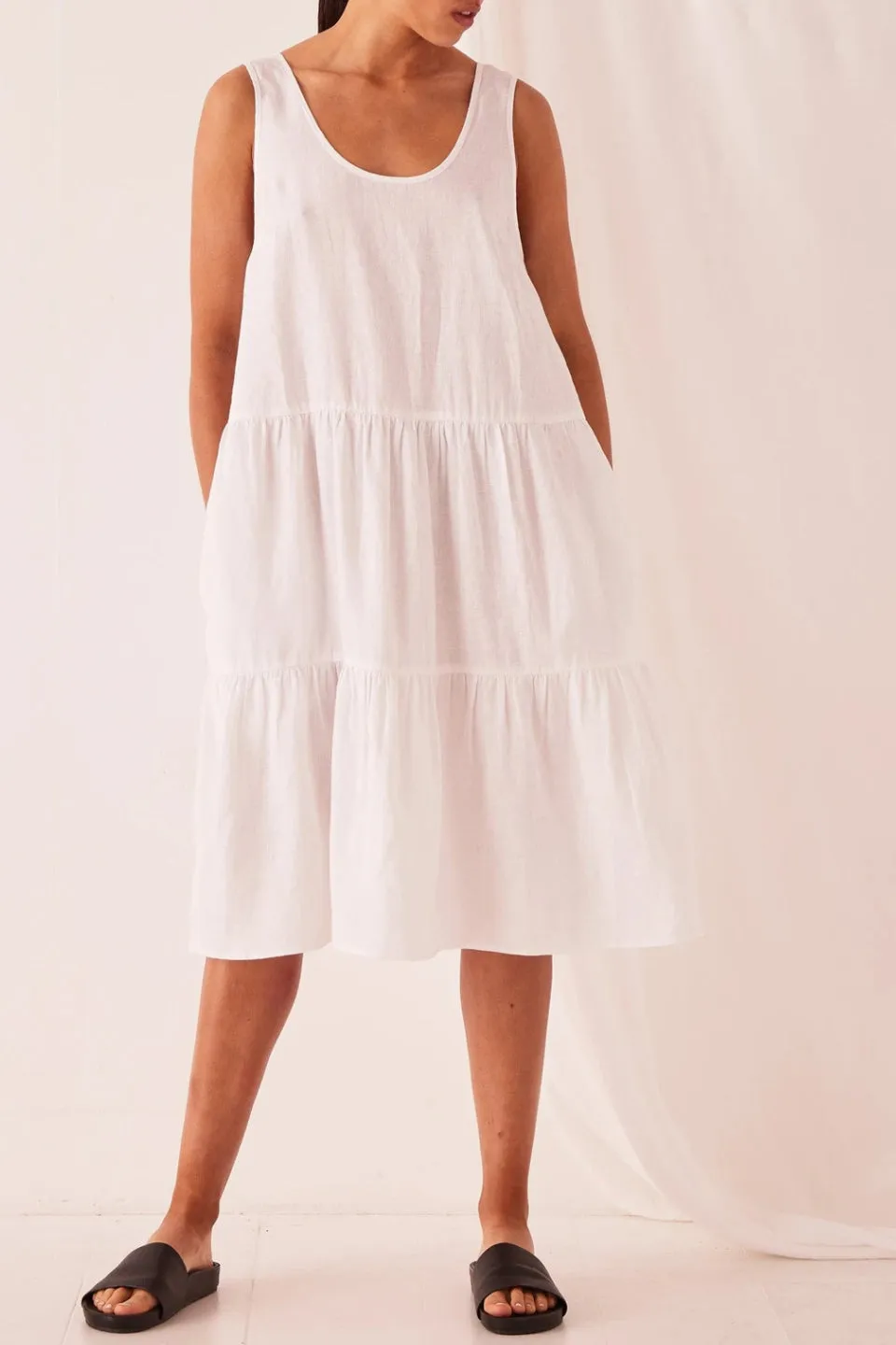 Tiered White Linen Dress