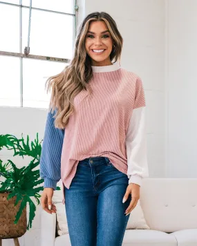 Violet Peach, Cream and Blue Corded Long Sleeve Top